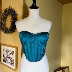 GARAGE Size Medium Corset Top Satin Green Turquoise Boned Zip Back $88 NEW